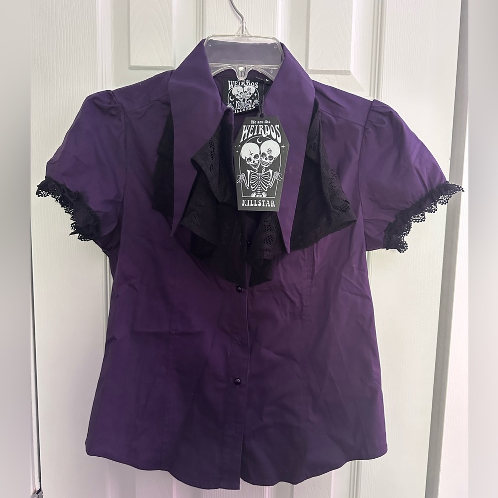 Killstar Women's Purple Lace-Trim Button Front Top